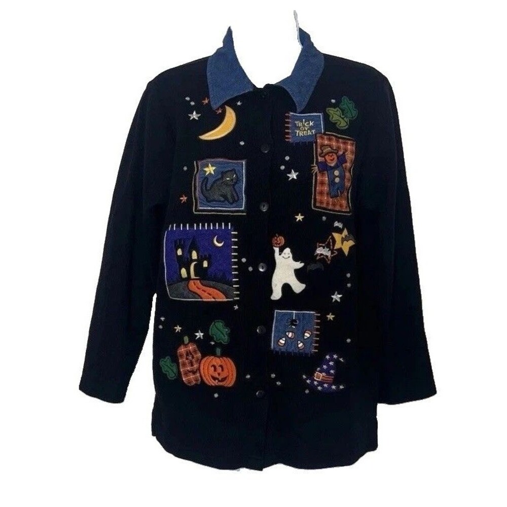 Vintage 90’s Halloween "Teacher Sweater" Kitschy Ribbed Knit Cat Ghost Button Up
